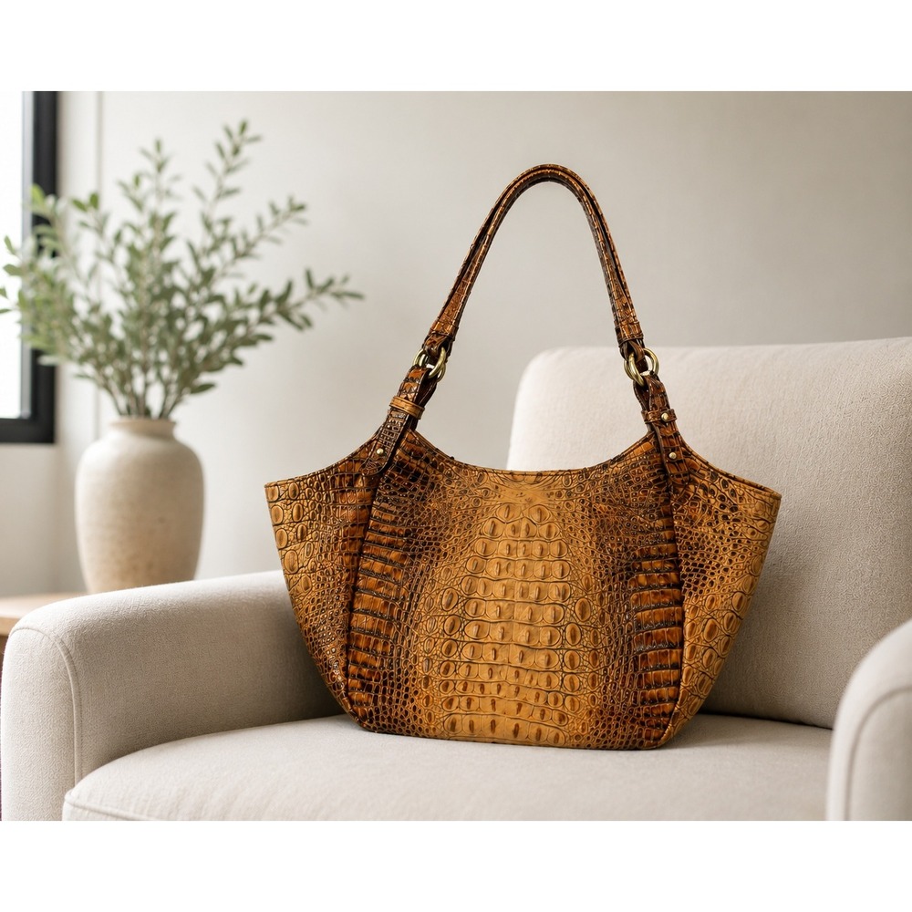 Brahmin Vintage Brahmin Croc Embossed Leather Shoulder Hobo Tote Bag Brown Large